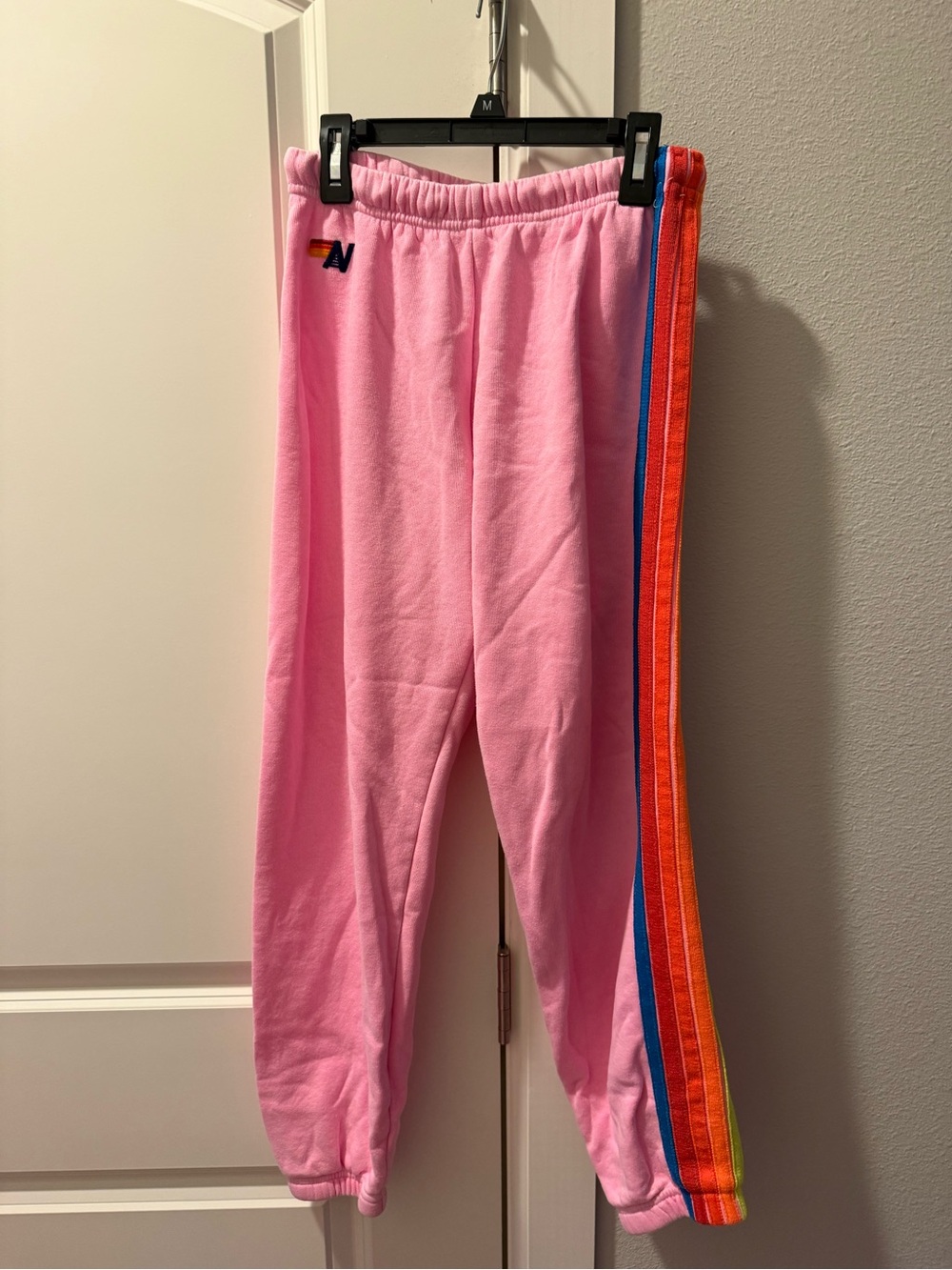 Kids Pink Cozy Sweatpants with Rainbow Side Stripe